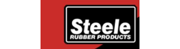 A red and black banner with the words steel rubber products in white.